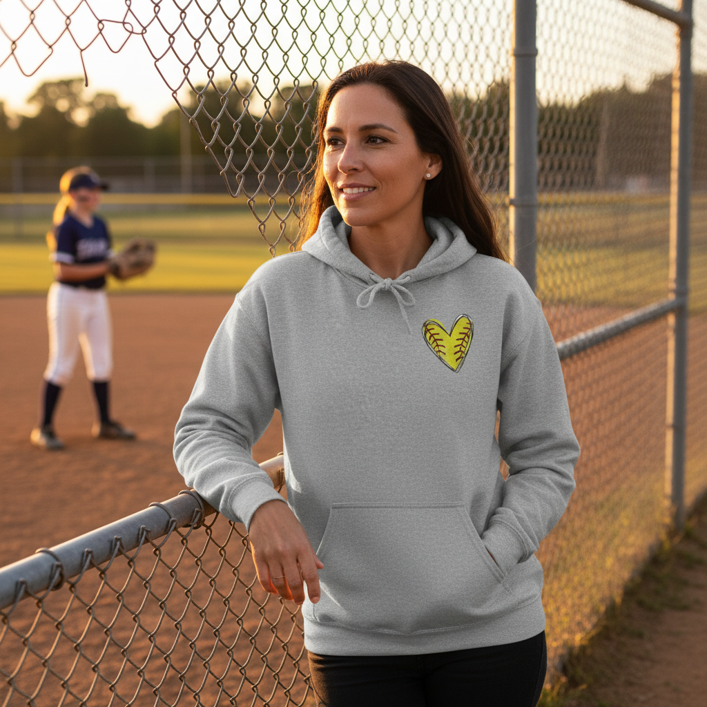 Softball mom at fence wearing bandana heart hoodie
