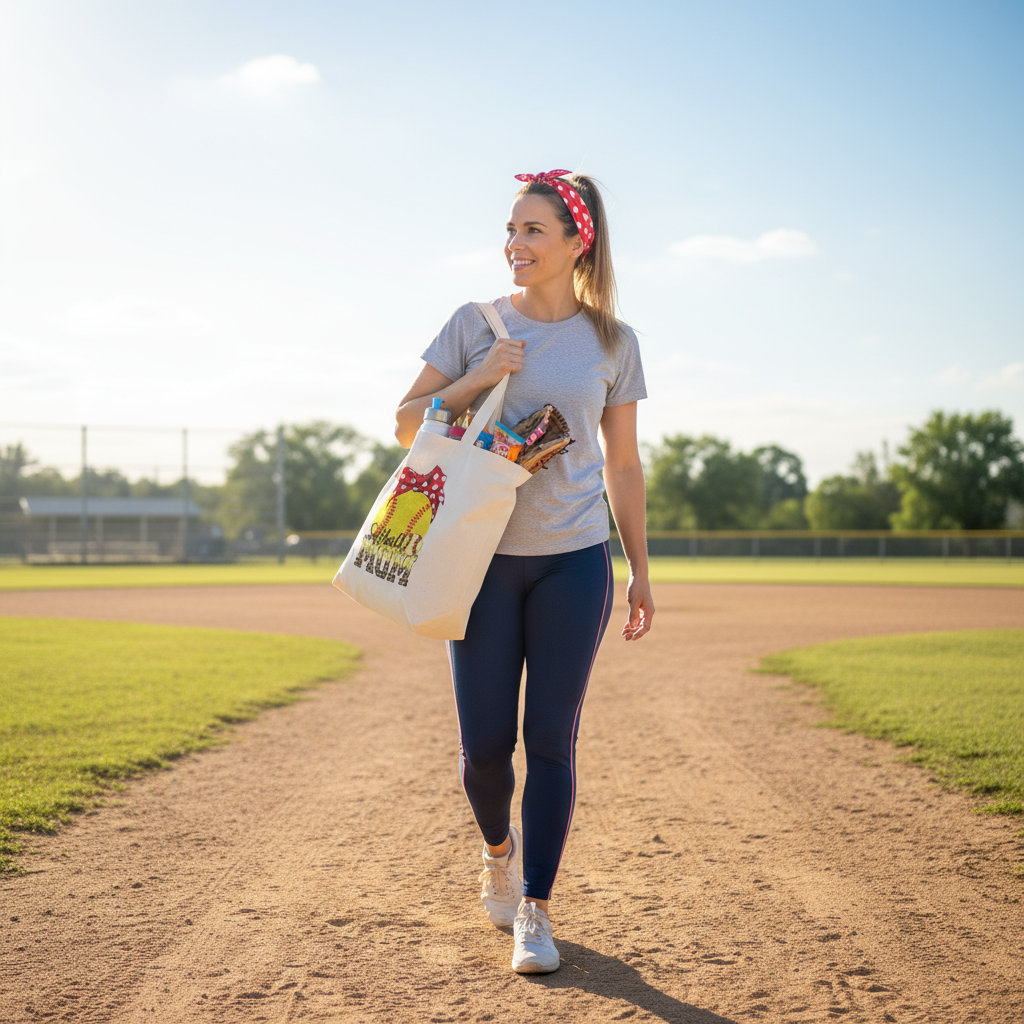 Softball mom carrying tote bag to field with gear