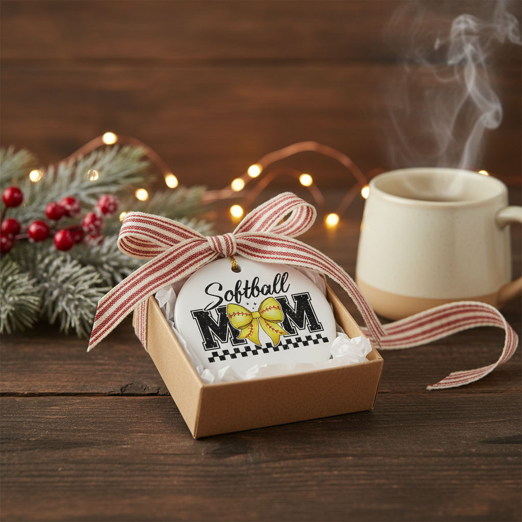 Softball mom ornament beautifully wrapped as a gift