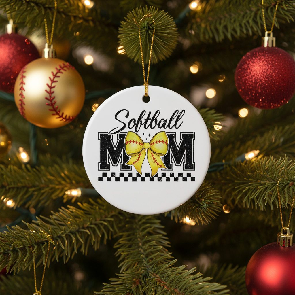 Softball mom ornament hanging on decorated Christmas tree