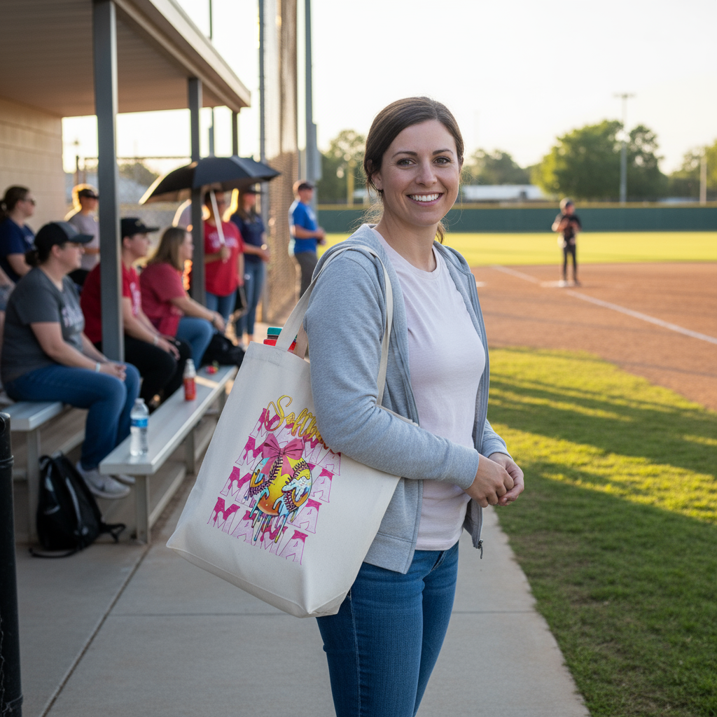 Softball Mom with Actual Tote at Field
