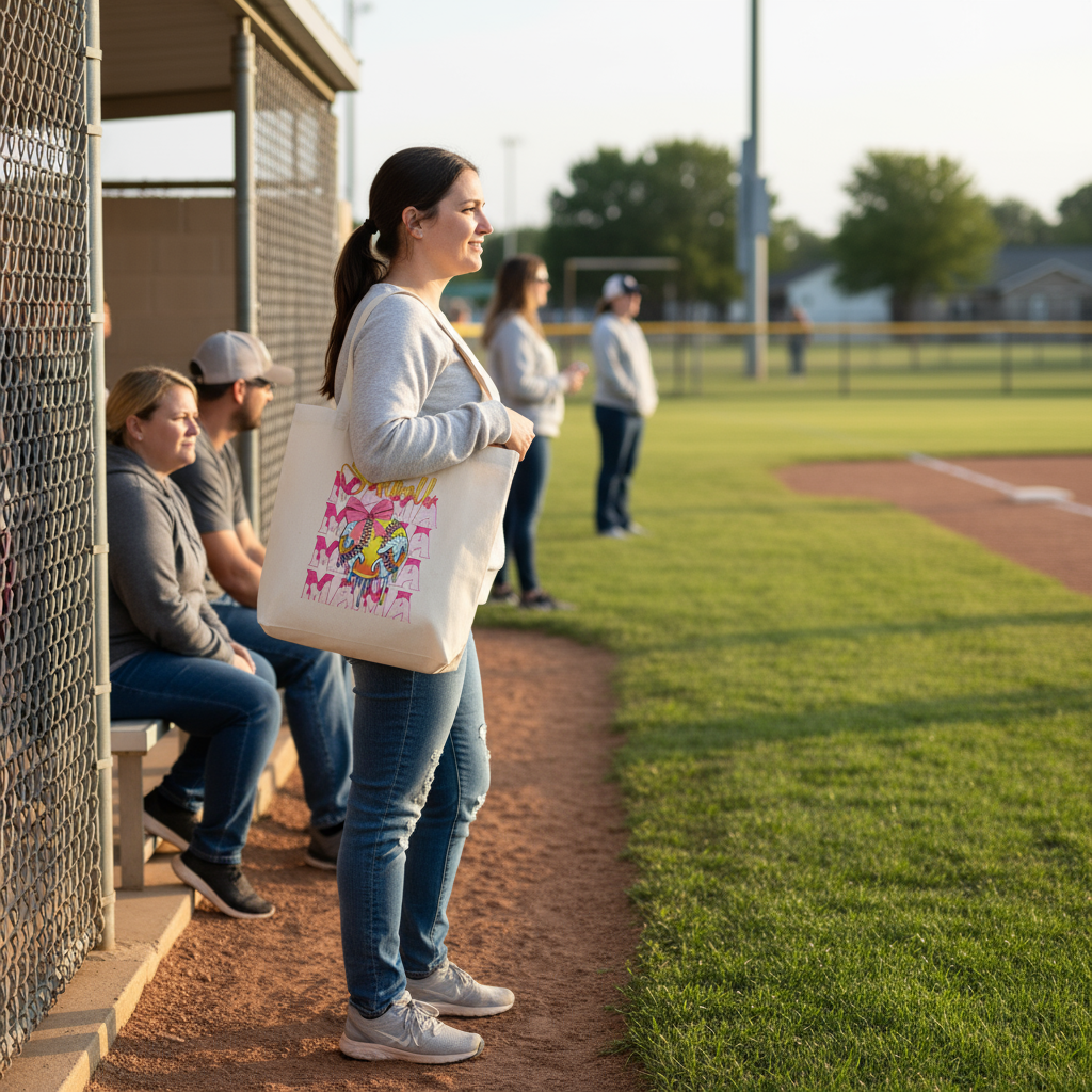 Softball Mom with Tote at Field