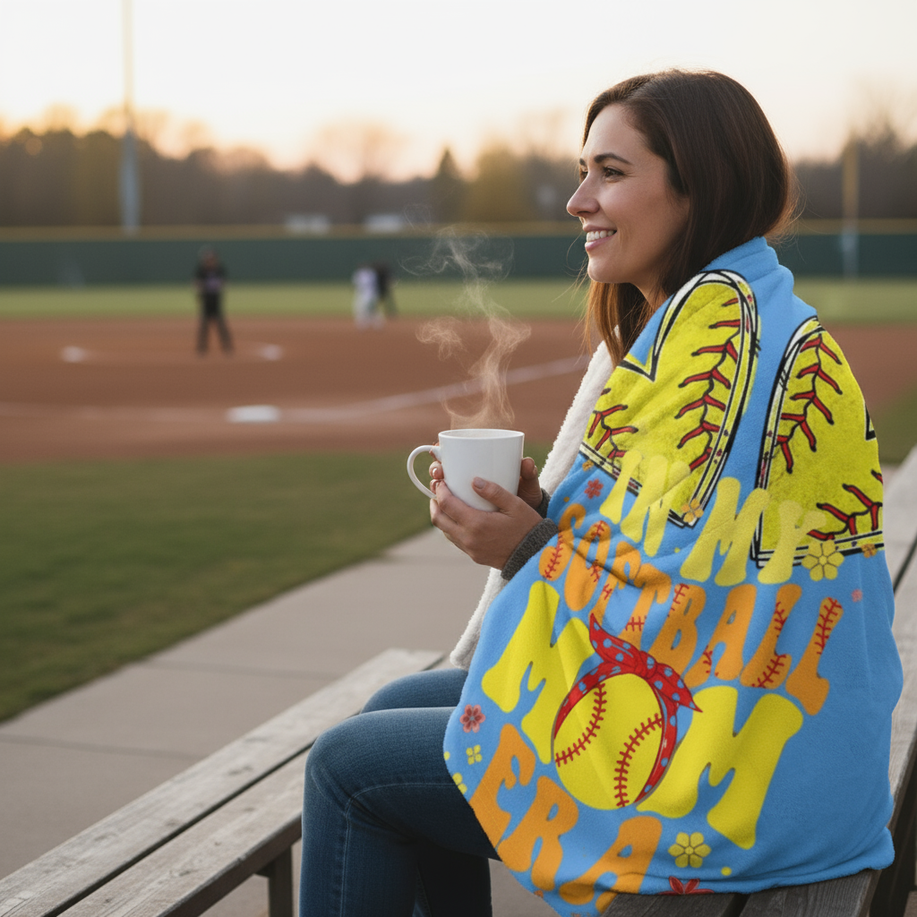 Softball mom wrapped in blanket at game in bleachers