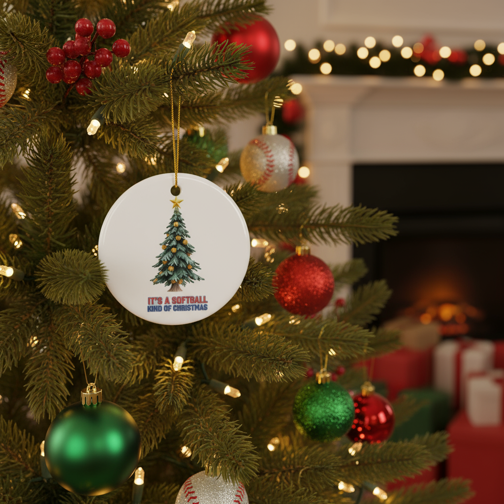 Softball Ornament on Christmas Tree