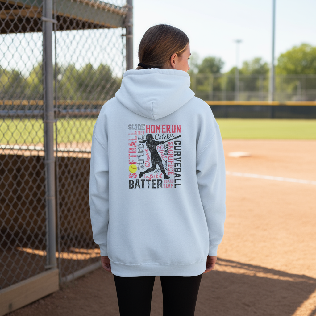 Softball player showing back of typography hoodie at field