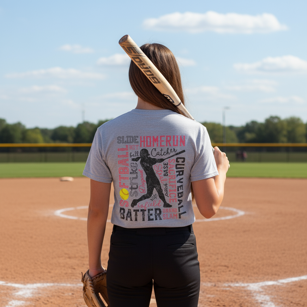 Softball player showing back of typography tee at field