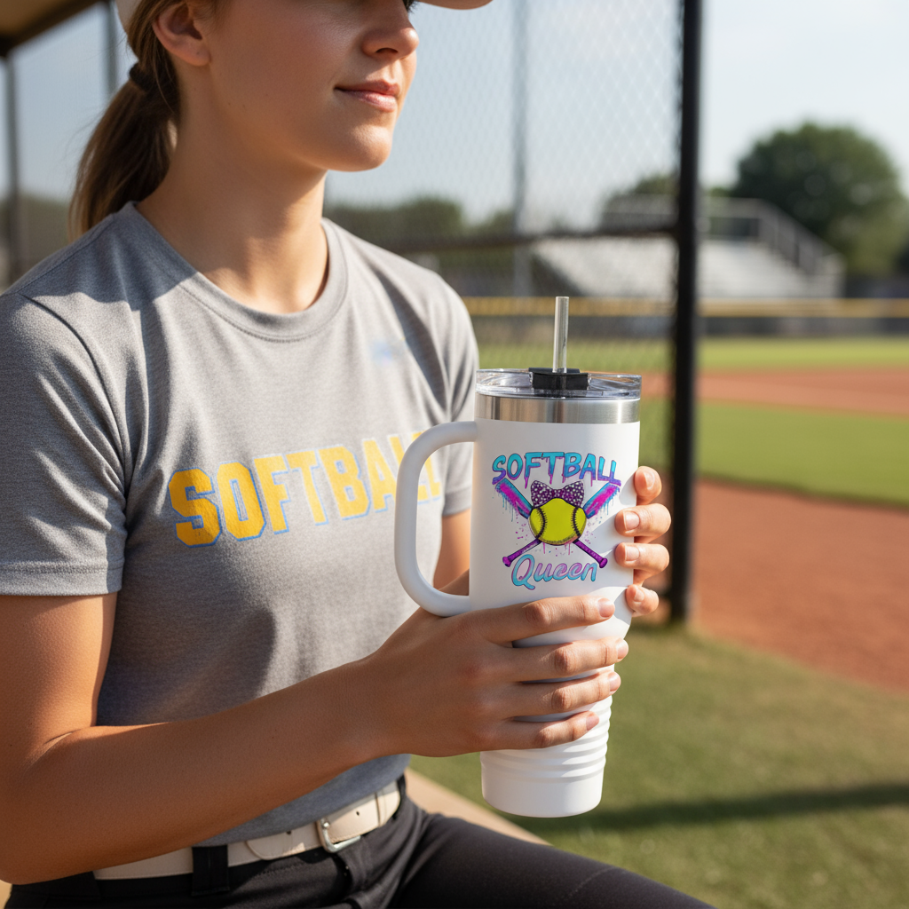 Softball Queen travel mug - lifestyle shot