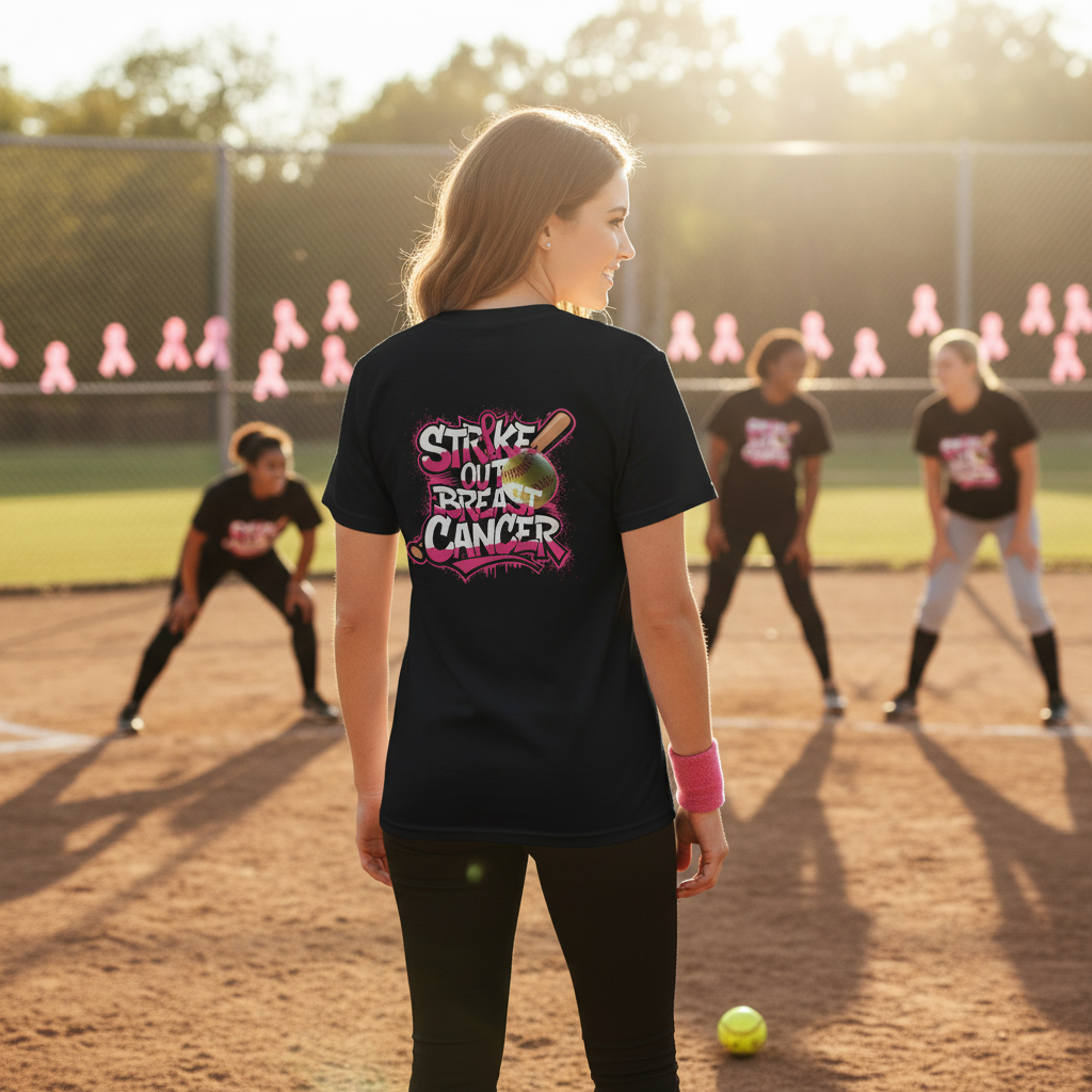 Strike Out Breast Cancer Softball T-Shirt in Professional Setting