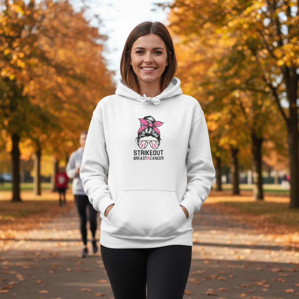 Woman at charity event wearing breast cancer awareness hoodie
