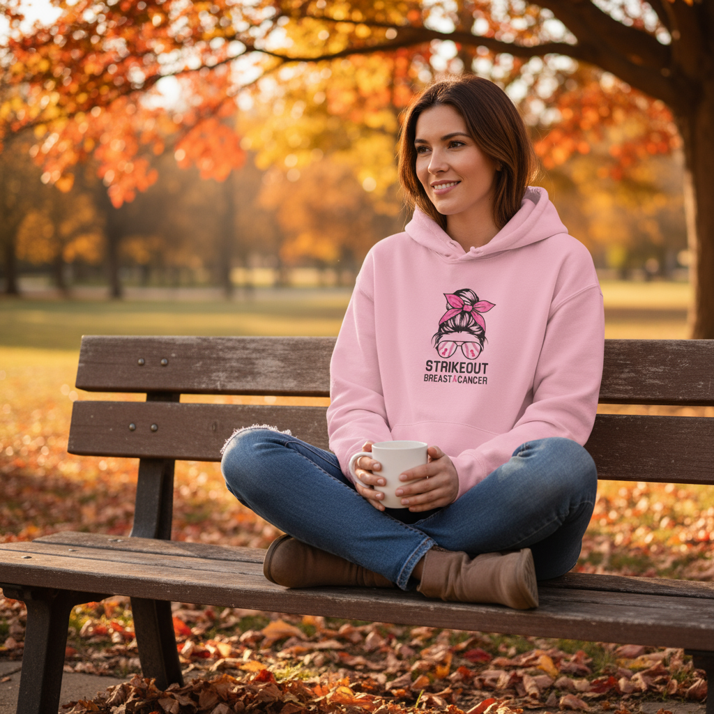 Woman in pink hoodie sitting with coffee