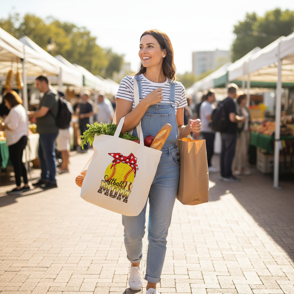Woman using softball tote for groceries/errands