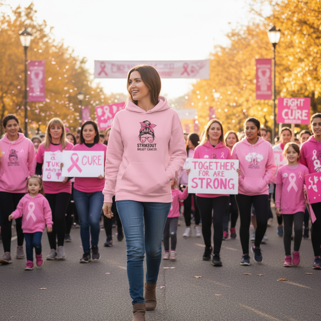 Woman wearing breast cancer awareness hoodie at community event