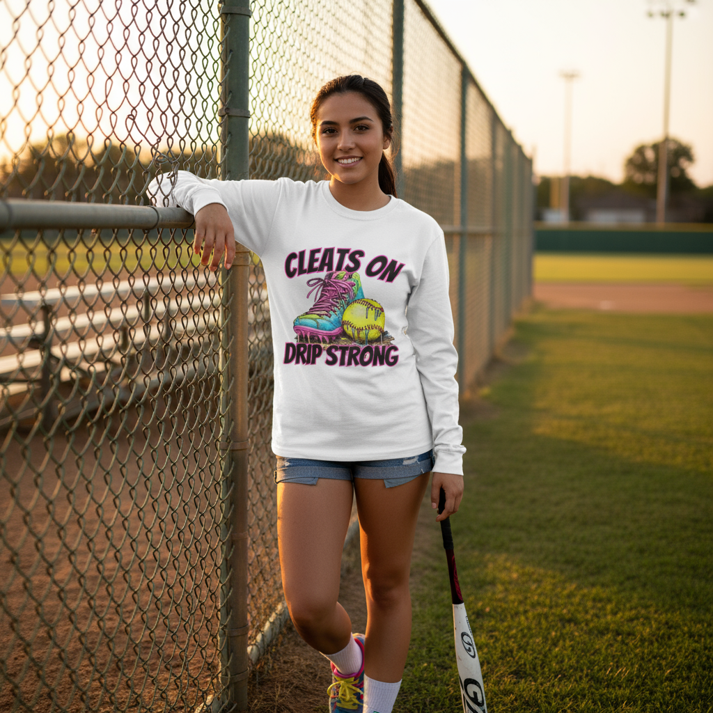 Woman wearing Cleats On Drip Strong long sleeve tee