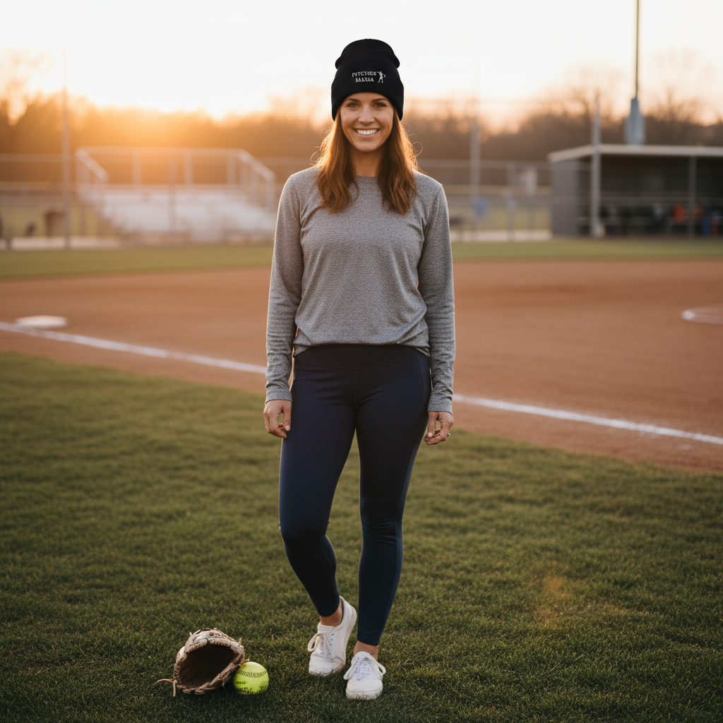 Woman Wearing Pitcher Mama Beanie at Field