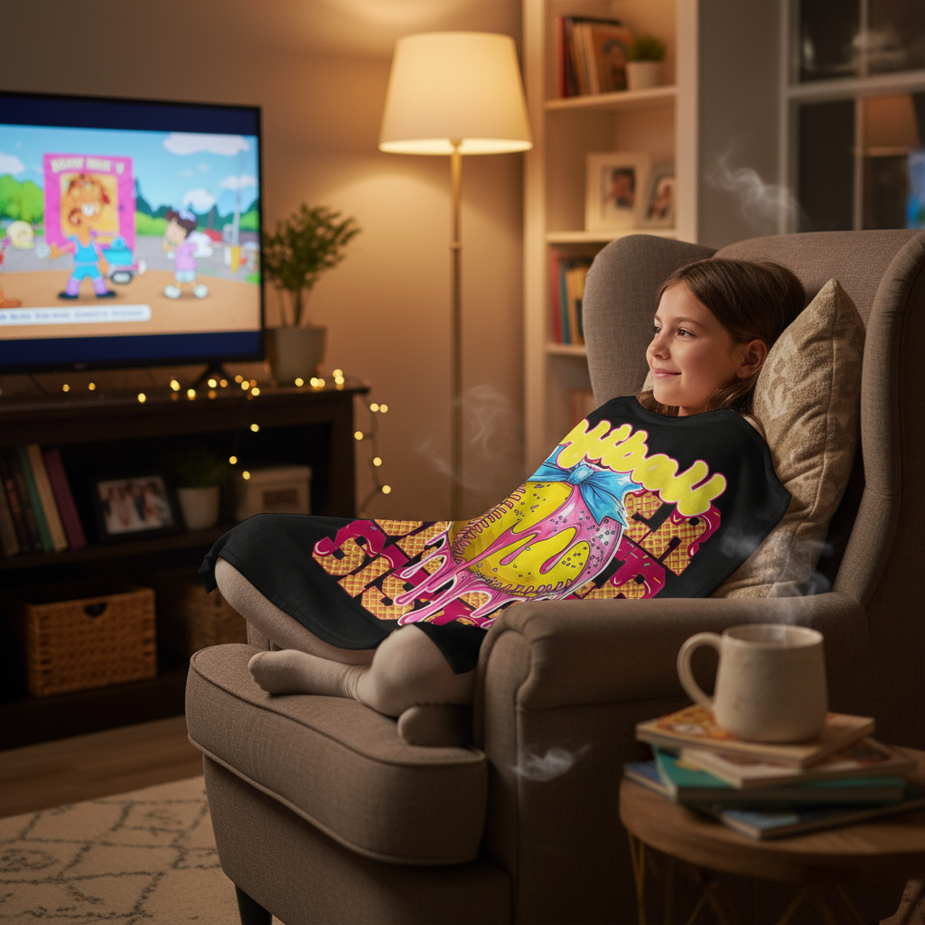 Younger sister watching TV with blanket
