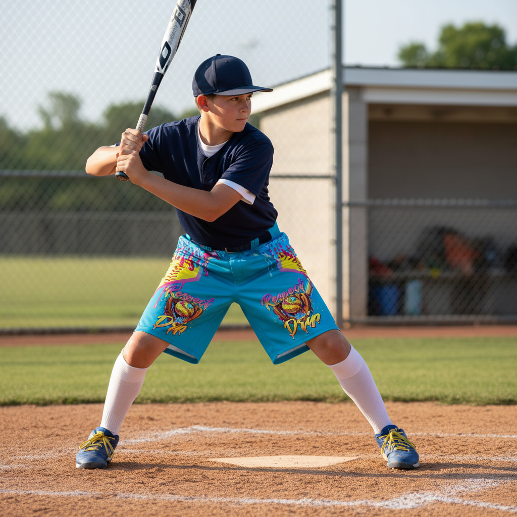 Youth baseball player wearing colorful baseball shorts at field