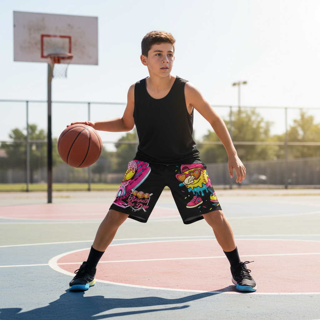 Youth basketball player wearing Respect the Drip shorts in action